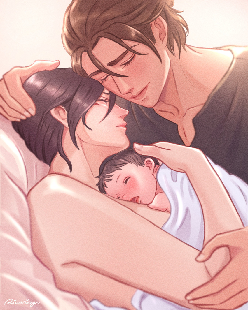 1boy 1girl 1other absurdres baby bare_arms black_hair black_shirt brown_hair closed_eyes eren_yeager family father_and_child hair_pulled_back hand_on_another's_head highres holding_baby medium_hair mikasa_ackerman mother_and_child open_mouth rivarizu scar scar_on_cheek scar_on_face shingeki_no_kyojin shirt short_hair smile under_covers