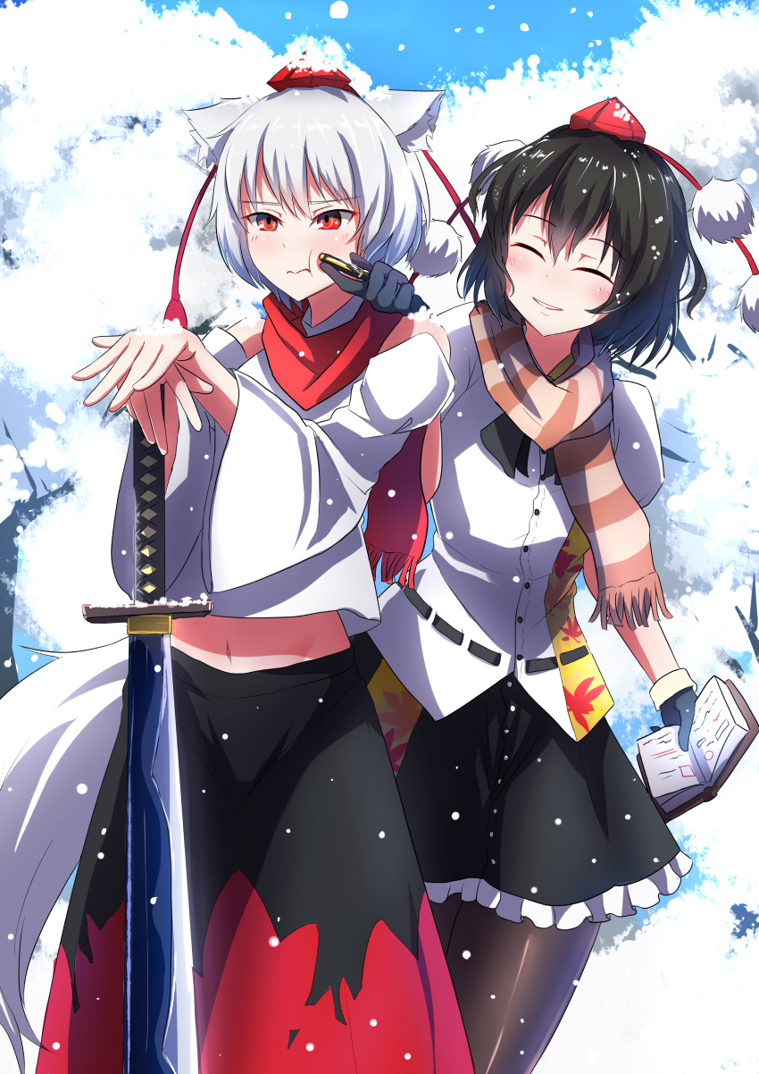 2girls absurdres annoyed black_gloves black_hair black_pantyhose black_skirt blush cheek_poking closed_mouth facing_another gloves grin hands_on_hilt hat highres inubashiri_momiji long_sleeves looking_away multiple_girls pantyhose parted_lips poking red_eyes red_headwear scarf shameimaru_aya shimotsuki_aoi shiny shiny_clothes shiny_legwear shiny_pantyhose short_hair short_sleeves skirt smile snow snowing sword tokin_hat touhou weapon white_hair