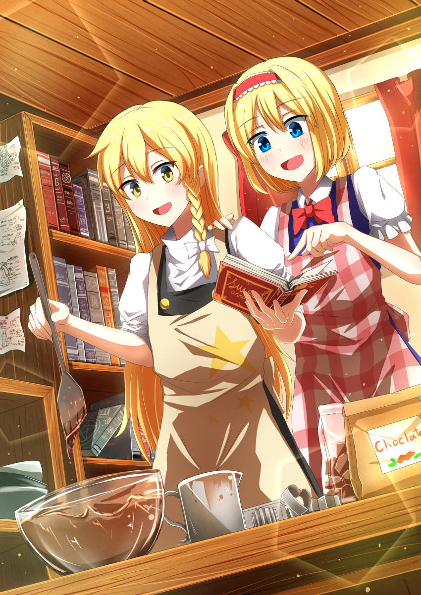 2girls absurdres alice_margatroid apron back_bow bag baking black_vest blonde_hair blue_eyes blue_vest blush book bookshelf bow braid chocolate collared_shirt cookie_cutter hand_on_another's_shoulder headband highres holding holding_book kirisame_marisa multiple_girls notes open_book open_mouth paper puffy_short_sleeves puffy_sleeves red_bow red_headband shimotsuki_aoi shirt short_hair short_sleeves smile star_(symbol) table touhou turtleneck vest white_bow white_shirt window wooden_ceiling yellow_eyes