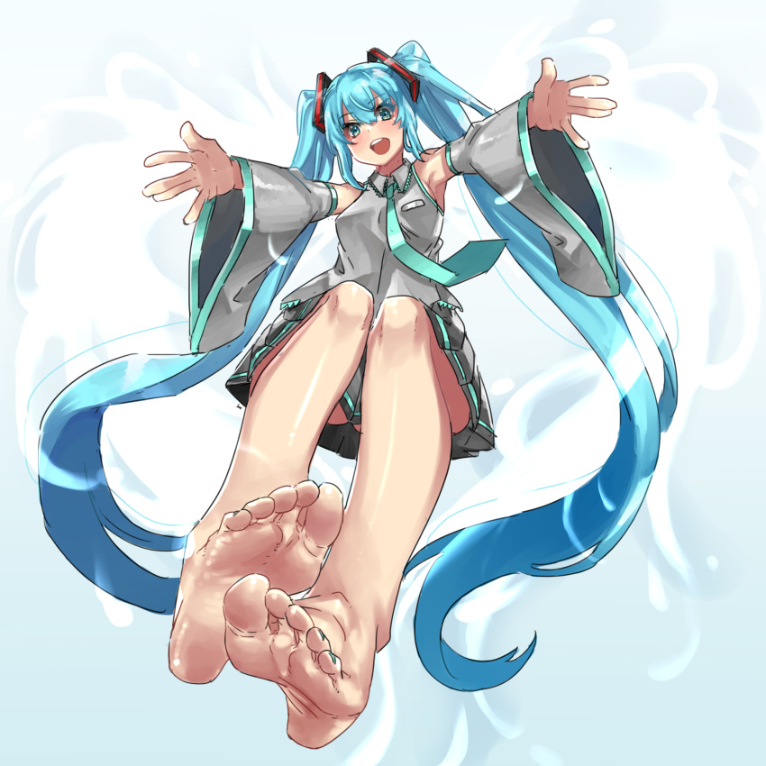 1girl 39 absurdly_long_hair aqua_eyes aqua_hair armpits bangs bare_legs bare_shoulders barefoot belt blue_necktie breasts detached_sleeves eiji_(eiji) feet foot_focus foreshortening full_body hair_between_eyes hair_ribbon hatsune_miku highres long_hair looking_at_viewer medium_breasts nail_polish necktie open_mouth outstretched_arms pleated_skirt ribbon skirt soles solo tail thighs toenail_polish toenails toes twintails very_long_hair vocaloid vocaloid_append wide_sleeves