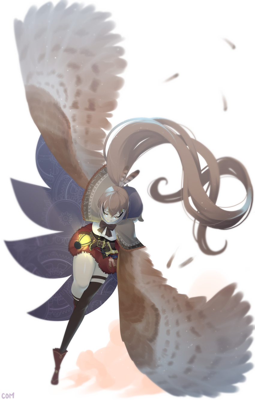 1girl absurdres ahoge ankle_boots asymmetrical_legwear bangs belt bird_girl bird_wings boots brown_capelet brown_cloak brown_hair cape capelet cloak closed_eyes dagger falling_feathers feather_hair_ornament feathers hair_ornament hairclip hieroglyphics highres hololive hololive_english knee_strap kneehighs knife lantern long_hair multicolored_hair nanashi_mumei pleated_skirt ponytail red_skirt ribbon shirt single_kneehigh single_sock single_thighhigh skirt smile socks streaked_hair thigh_strap thighhighs uzda_ricecake very_long_hair virtual_youtuber weapon white_shirt wings