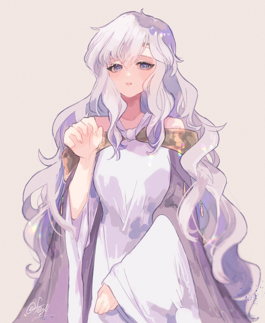 1girl bangs bare_shoulders circlet deirdre_(fire_emblem) dress fes4 fire_emblem fire_emblem:_genealogy_of_the_holy_war hair_between_eyes highres light_purple_hair long_hair long_sleeves looking_at_viewer parted_lips purple_dress purple_eyes solo twitter_username very_long_hair wide_sleeves