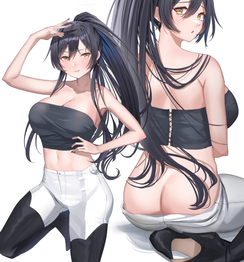 1girl :o ass bangs bare_shoulders black_footwear black_hair black_nails blush boots breasts cleavage closed_mouth earrings from_behind hand_up highres idolmaster idolmaster_shiny_colors jewelry kneeling large_breasts long_hair looking_at_viewer nail_polish pants parted_lips ponytail shirase_sakuya shougun_(chuckni1) sleeveless smile thigh_boots thighhighs thighs white_background white_pants yellow_eyes