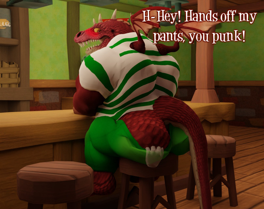 2022 3d_(artwork) albalbalb angry anthro blush bottomwear bottomwear_down bubble_butt butt cafe chair clothed clothing crossed_arms digital_media_(artwork) disembodied_hand dragon english_text fully_clothed furniture ghost_hands giana_sisters gurglewocky_(giana_sisters) hi_res looking_down_at_another male musclegut on_chair pants pants_down partially_clothed scalie sitting sitting_on_chair solo surprise text wings