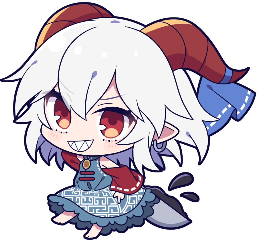 1girl blush chibi earrings grey_hair grin highres holding holding_spoon horns jewelry looking_at_viewer oil parted_lips pointy_ears red_eyes sharp_teeth short_hair smile solo spoon teeth touhou toutetsu_yuuma yoriteruru