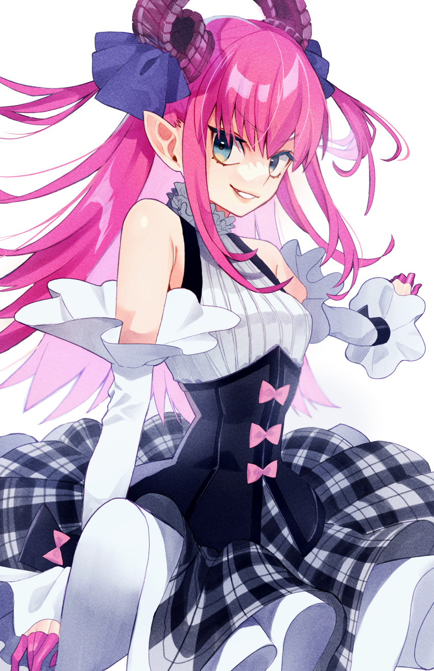 1girl asymmetrical_horns bangs bare_shoulders blue_eyes bow breasts circle_skirt commentary_request curled_horns detached_sleeves dragon_girl dragon_horns dress elizabeth_bathory_(fate) elizabeth_bathory_(fate/extra_ccc) elizabeth_bathory_(second_ascension)_(fate) fate/extella fate/extella_link fate/extra fate/extra_ccc fate/grand_order fate_(series) finger_cots hair_ribbon highres horns idol kujiraoka long_hair looking_at_viewer official_alternate_costume pink_bow pink_hair plaid plaid_skirt pointy_ears ribbon simple_background skirt small_breasts smile solo teeth two_side_up upper_body white_background