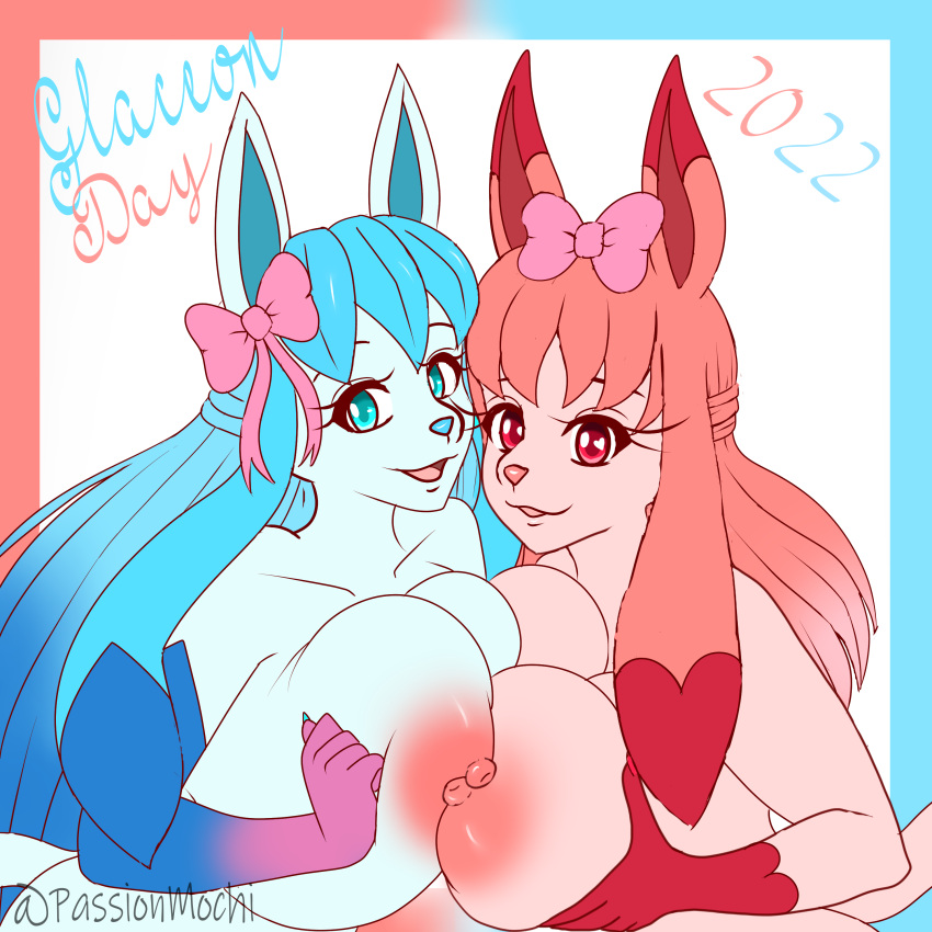 absurd_res anthro big_breasts blue_body blue_eyes blue_hair breasts duo eeveelution female female/female generation_4_pokemon glaceon hair hand_on_breast hi_res looking_at_viewer nintendo nipples open_mouth orange_body orange_hair passionateathene pokemon pokemon_(species) pokemorph video_games