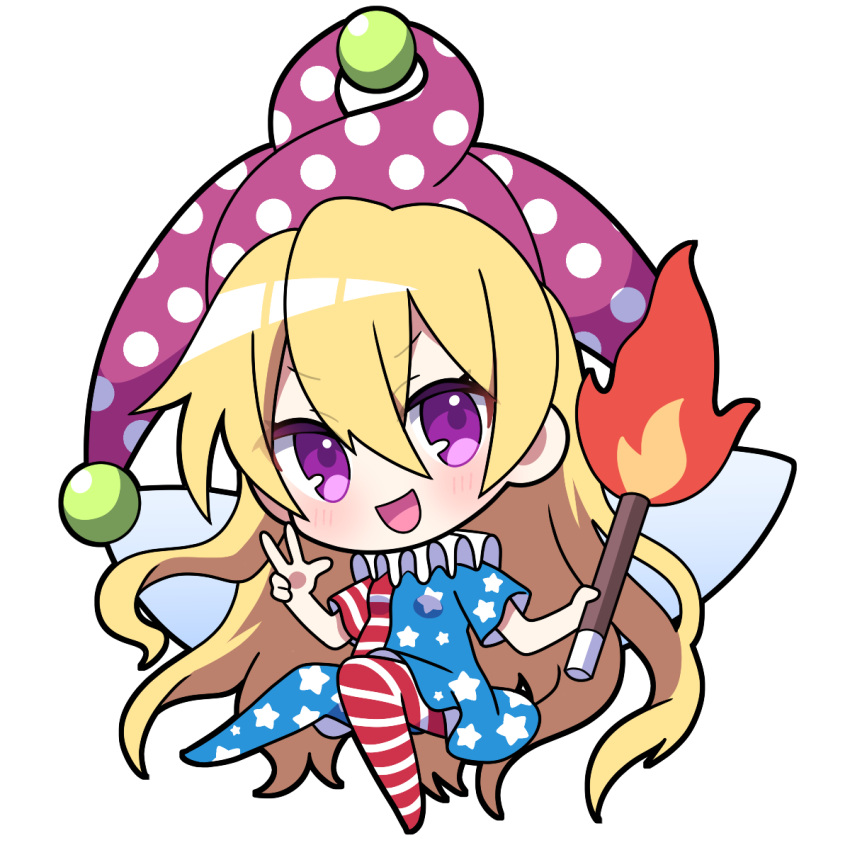 1girl american_flag american_flag_legwear american_flag_print blonde_hair blush chibi clownpiece flag_print full_body highres holding holding_torch long_hair looking_at_viewer open_mouth pantyhose purple_eyes smile solo torch touhou v yoriteruru