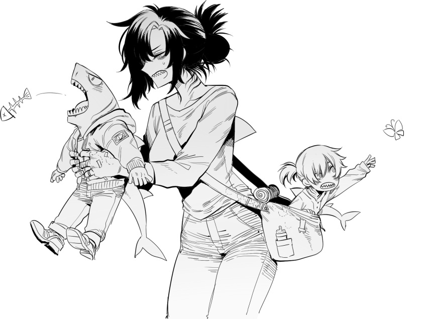 1boy 2girls @_@ angry bag bite_mark black_hair blush breasts bug butterfly child cowboy_shot denim fish_bone fish_tail greyscale handbag highres in_bag in_container jeans lifting_person mature_female monochrome mother_and_daughter mother_and_son multiple_girls original pants ratatatat74 reaching_out shark_boy shark_fin shark_girl shark_head shark_tail sharp_teeth shirt shoes simple_background tail teeth white_background