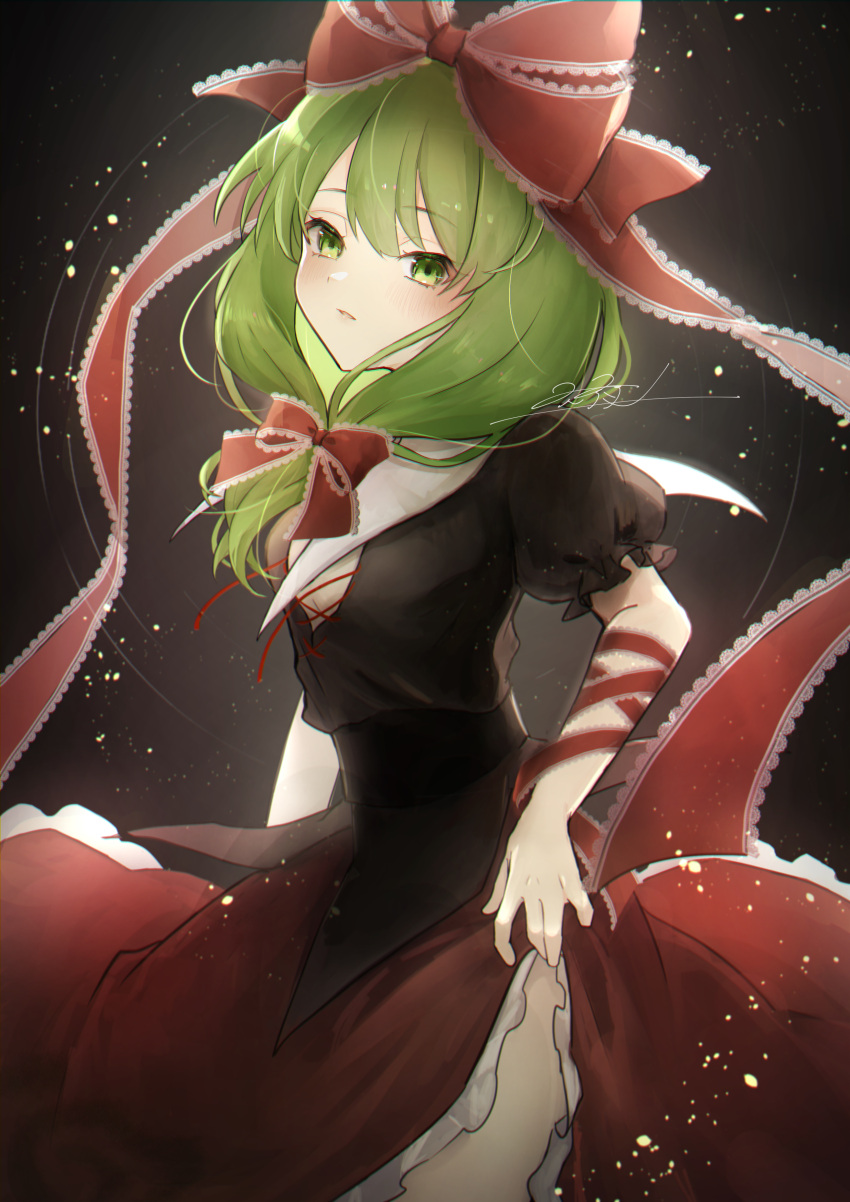 absurdres bangs bow clothes_lift dress frilled_dress frilled_ribbon frills front_ponytail green_eyes green_hair hair_bow hair_ribbon highres kagiyama_hina long_dress looking_at_viewer mountain_of_faith puffy_short_sleeves puffy_sleeves red_dress red_ribbon ribbon rokuya_(68_zusao) short_sleeves skirt skirt_hold skirt_lift touhou wrist_ribbon