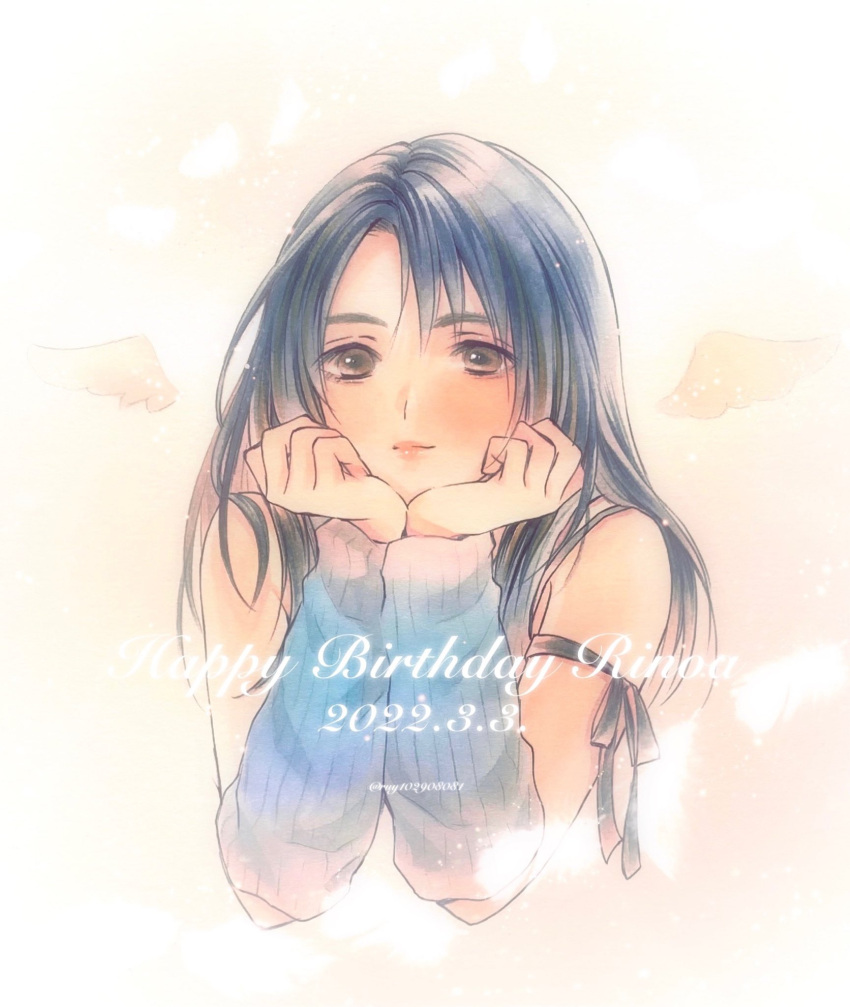 1girl arm_ribbon arm_warmers bangs bare_shoulders black_hair black_ribbon blue_cardigan blush brown_eyes cardigan character_name dated final_fantasy final_fantasy_viii happy_birthday head_on_hand highres long_hair looking_at_viewer mini_wings own_hands_together ribbon rinoa_heartilly ruy smile upper_body wings