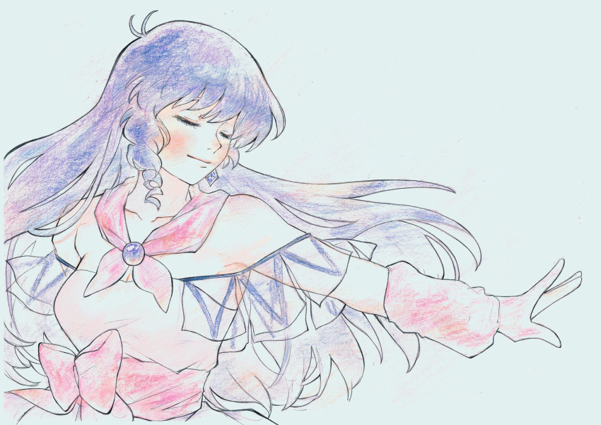 1girl arm_warmers bangs blue_hair bow breasts choujikuu_yousai_macross cleavage closed_eyes collarbone dress drill_locks eda_(jfmeda89) floating_hair highres long_hair lynn_minmay macross macross:_do_you_remember_love? off_shoulder open_hand pink_bow pink_dress pink_skirt skirt smile solo