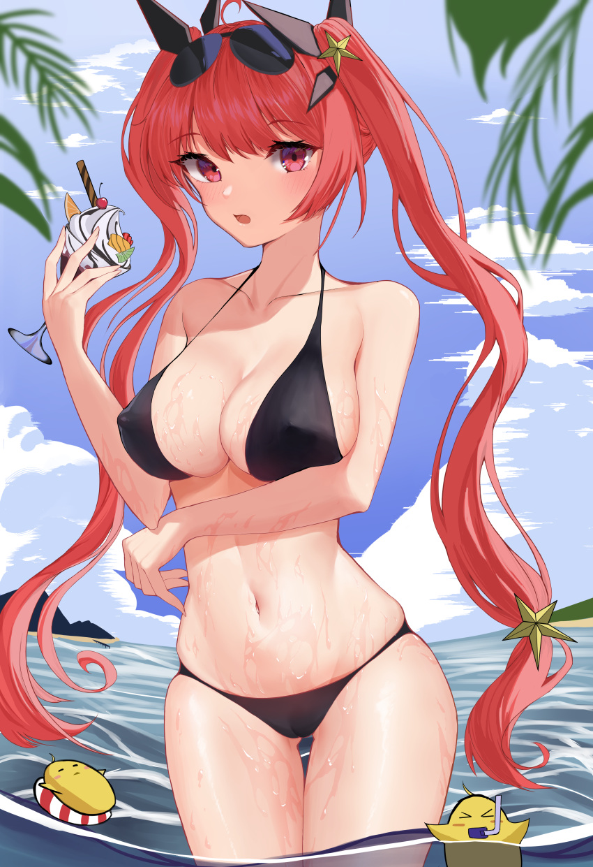 1girl :o absurdres ass_visible_through_thighs azur_lane bangs bare_arms bare_shoulders bikini black_bikini blurry blurry_foreground breasts cherry cleavage cloud collarbone commentary_request constricted_pupils covered_nipples food fruit gumifans hair_ornament hand_up highres holding honolulu_(azur_lane) honolulu_(summer_accident?!)_(azur_lane) ice_cream innertube island kiwi_(fruit) large_breasts looking_at_viewer manjuu_(azur_lane) mountain navel ocean official_alternate_costume open_mouth orange_(fruit) orange_slice outdoors parfait red_eyes red_hair sky solo star_(symbol) sunglasses swimsuit thigh_gap twintails wading water wet whipped_cream