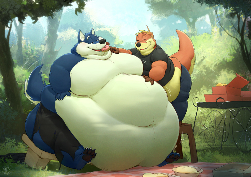 abthegreat anthro belly belly_overhang belly_squish big_belly big_butt black_eyes blue_body blue_fur butt canid canine canis chubby_cheeks claws clothing double_chin duo fat_rolls feeding food forest fur hand_on_stomach hi_res huge_butt huge_moobs hyper hyper_belly looking_at_another love_handles lutrine male male/male mammal moobs morbidly_obese mustelid narrowed_eyes navel obese orange_body orange_fur overweight plant sitting sitting_on_bench squish standing thick_thighs torn_clothing tree weight_gain white_body white_fur wide_hips wolf yellow_body yellow_fur