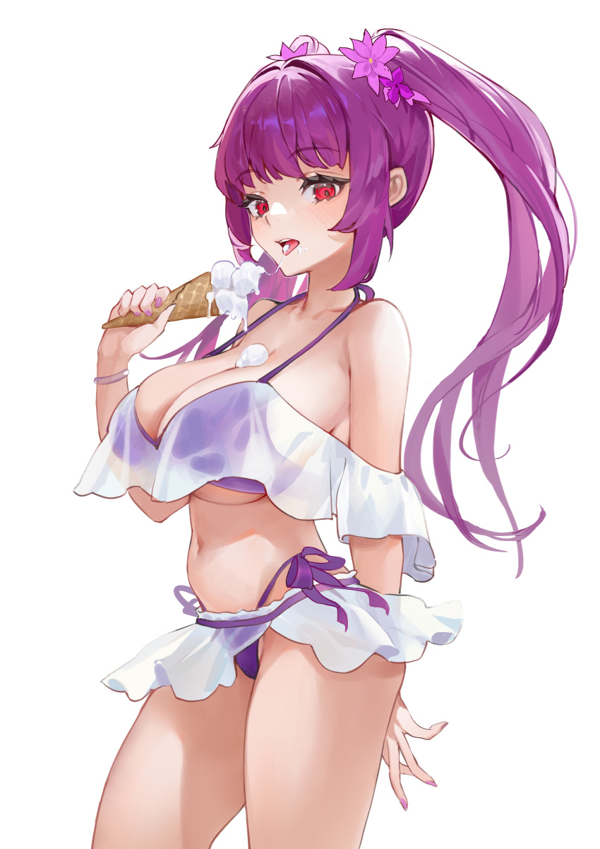 1girl absurdres bikini breasts cowboy_shot eating fate/grand_order fate_(series) food food_on_body food_on_breasts highres holding holding_food holding_ice_cream huge_breasts ice_cream ice_cream_cone long_hair navel open_mouth purple_bikini purple_hair red_eyes scathach_(fate) scathach_skadi_(swimsuit_ruler)_(fate) scathach_skadi_(swimsuit_ruler)_(first_ascension)_(fate) side-tie_bikini_bottom simple_background solo standing swimsuit tongue tongue_out twintails very_long_hair white_background zhudouzi