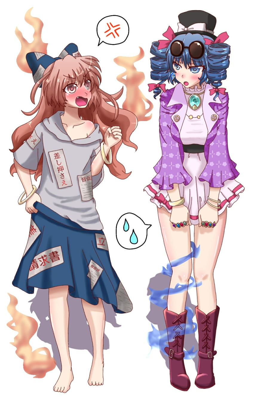 2girls anger_vein bangle bangs barefoot blue_eyes blue_hair blue_skirt blush boots bow bracelet breasts brown_eyes brown_footwear brown_hair clothes_pull commentary_request cosplay costume_switch debt dress drill_hair earrings eyewear_on_head fang flat_chest floral_print full_body fusu_(a95101221) gold grey_hoodie hair_bow hat hat_bow highres hood hood_down hoodie jacket jewelry long_hair looking_at_another medium_breasts multiple_girls necklace open_mouth pendant purple_jacket ring round_eyewear short_dress short_hair short_sleeves siblings simple_background sisters skirt skirt_pull spoken_anger_vein spoken_sweatdrop sunglasses sweatdrop top_hat touhou twin_drills white_background white_dress yorigami_jo'on yorigami_jo'on_(cosplay) yorigami_shion yorigami_shion_(cosplay)