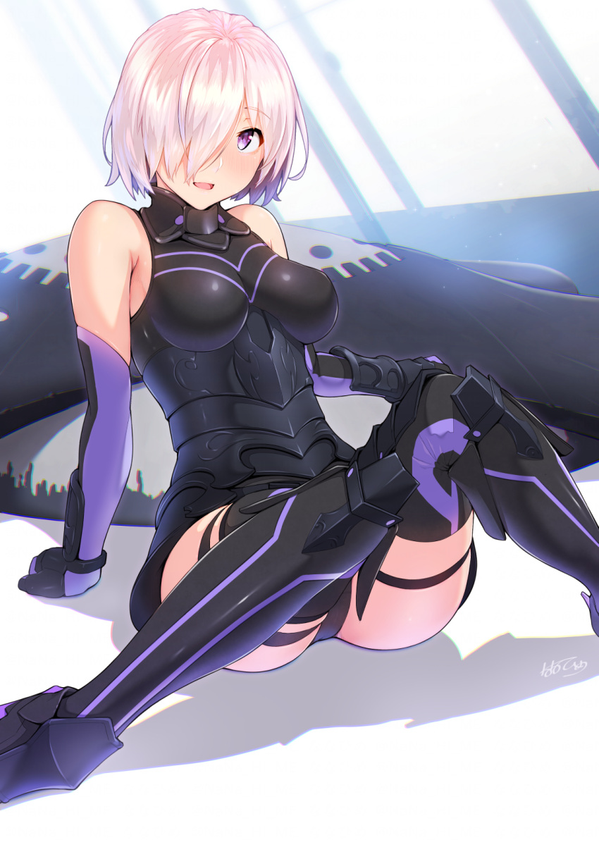 1girl armor armored_boots armored_dress bangs bare_shoulders black_leotard black_thighhighs boots breasts elbow_gloves fate/grand_order fate_(series) gloves hair_over_one_eye highleg highleg_leotard highres knees_together_feet_apart large_breasts leotard light_purple_hair looking_at_viewer mash_kyrielight nanahime open_mouth purple_eyes purple_gloves revision shield short_hair sitting smile solo thigh_strap thighhighs thighs