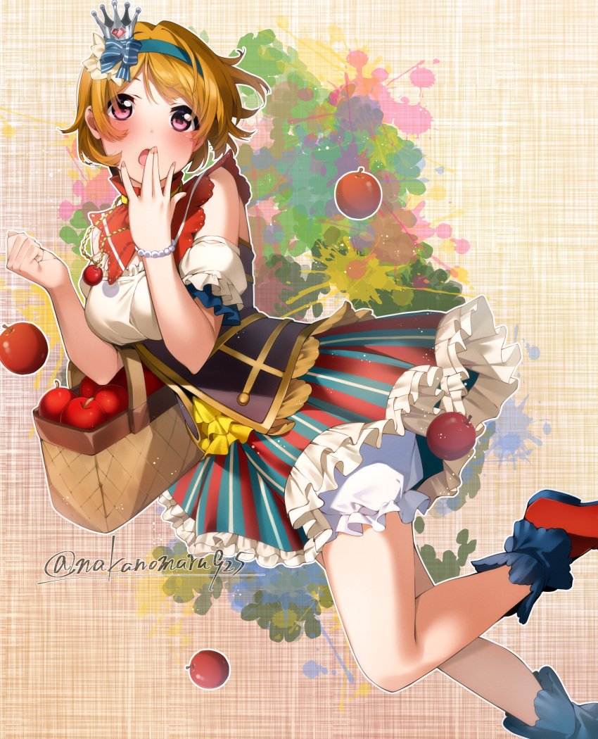 1girl absurdres apple basket bead_bracelet beads blue_footwear bracelet brown_hair food fruit highres holding holding_basket jewelry koizumi_hanayo looking_at_viewer love_live! love_live!_school_idol_project multicolored_clothes multicolored_skirt nakano_maru open_mouth pink_eyes shoes short_hair skirt thighs twitter_username
