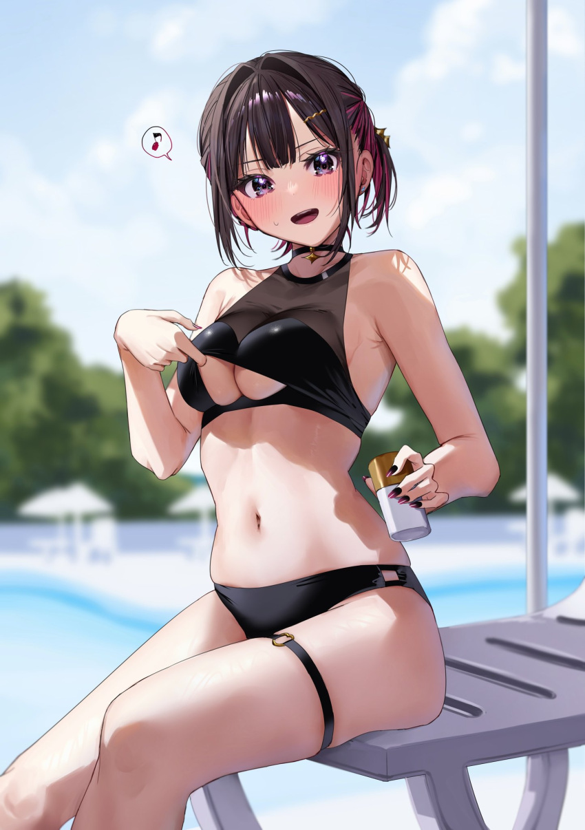 1girl :d armpit_crease bare_arms bare_legs bare_shoulders bikini bikini_lift black_bikini black_choker blurry blurry_background blush bottle breasts brown_hair chigusa_minori choker clothes_lift day depth_of_field earrings gradient_eyes hair_ornament hairclip highres holding holding_bottle jewelry looking_at_viewer lotion medium_breasts multicolored_eyes multicolored_hair musical_note nail_polish navel open_mouth original outdoors pole pool poolside purple_eyes red_hair shirayuki_ren short_hair short_ponytail side_ponytail sitting skindentation sky smile solo speech_bubble spoken_musical_note star_(symbol) star_choker stomach stud_earrings sunscreen swimsuit teeth thigh_strap thighs tree two-tone_hair underboob upper_teeth