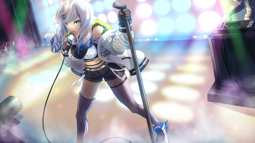 1girl anya_melfissa black_gloves black_shorts blue_eyes blue_hair breasts chibi commentary english_commentary fishnets gloves glowstick hair_ornament hairclip highres holding holding_microphone hololive hololive_indonesia jacket kureiji_ollie large_breasts long_hair long_sleeves looking_at_viewer microphone microphone_stand multicolored_hair off_shoulder open_mouth pavolia_reine shoes short_shorts shorts single_thighhigh sneakers solo_focus stage stage_lights takuyarawr thigh_strap thighhighs two-tone_hair virtual_youtuber white_hair white_jacket |_|