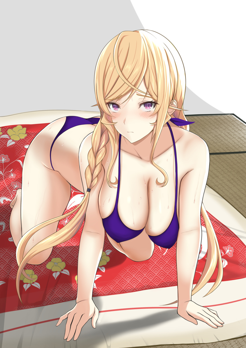 1girl absurdres all_fours bajitohfu bangs bikini blonde_hair blush braid breasts cleavage closed_mouth collarbone futon hanging_breasts highres indoors large_breasts long_hair looking_at_viewer low_twintails nakiri_erina purple_bikini purple_eyes raised_eyebrows shadow shokugeki_no_souma solo sweat swept_bangs swimsuit tatami twin_braids twintails wet