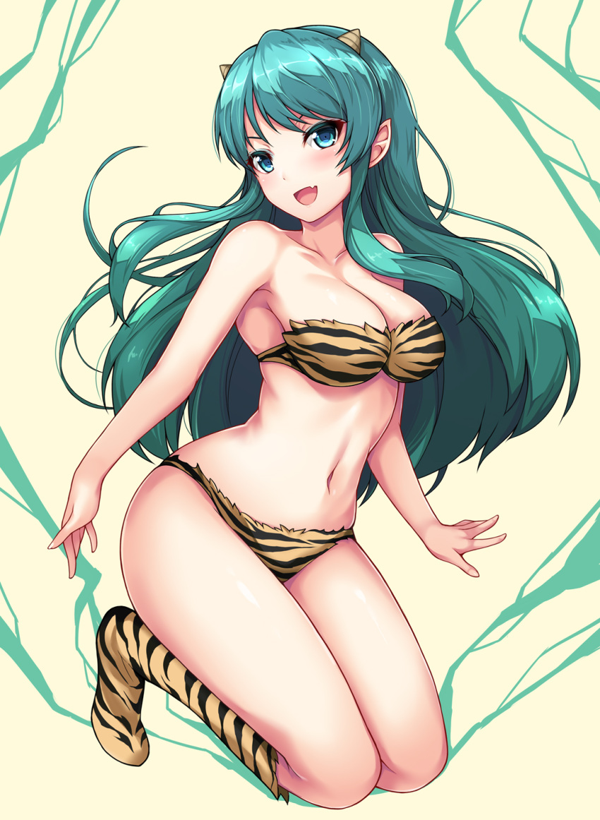 1girl animal_print aqua_eyes aqua_hair bikini breasts commentary_request electricity fang full_body highres horns long_hair looking_at_viewer lum medium_breasts oni oni_horns pointy_ears print_footwear skin_fang smile solo strapless strapless_bikini swimsuit taka-kun tiger_print urusei_yatsura yellow_bikini yellow_footwear