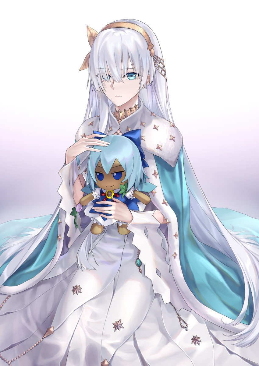 1girl absurdres anastasia_(fate) bangs blue_cape blue_eyes cape character_doll cirno closed_mouth commission doll dress fate/grand_order fate_(series) fumo_(doll) hair_between_eyes hairband highres holding holding_doll jewelry lips long_hair looking_at_viewer necklace pixiv_request sitting solo suprii touhou white_background white_dress white_hair yellow_hairband