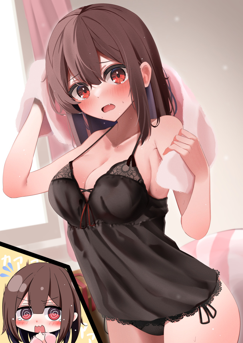 1girl absurdres armpit_peek arms_up black_hair black_panties blush breasts collarbone curtains fang furrowed_brow highres indoors kamimori_kuuraku large_breasts lingerie looking_at_viewer medium_hair open_mouth original panties red_eyes side-tie_panties standing straight_hair towel underwear window wiping