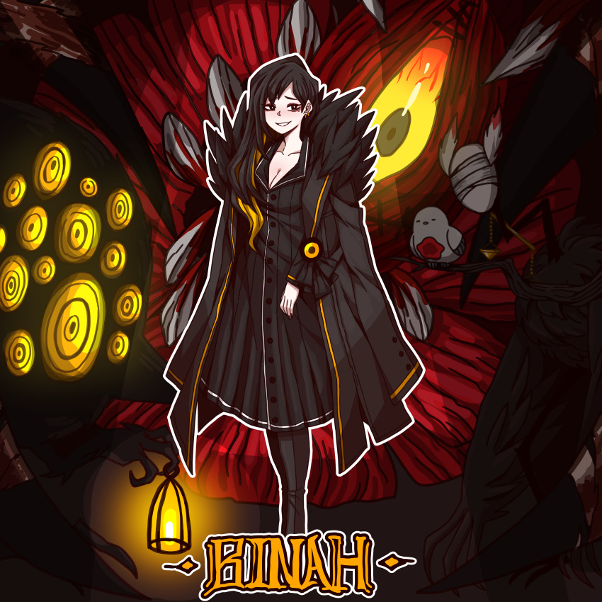 1girl absurdres apocalypse_bird b2k balance_scale bangs big_bird_(lobotomy_corporation) binah_(project_moon) bird black_coat black_dress black_eyes black_footwear black_hair black_nails blonde_hair boots branch breasts bright_pupils buttons character_name cleavage coat coat_on_shoulders colored_sclera dress earrings extra_eyes full_body fur-trimmed_coat fur_trim hair_over_shoulder highres holding holding_lantern jewelry judgement_bird lantern library_of_ruina long_hair looking_at_viewer mole mole_under_eye monster multicolored_hair outline parted_lips project_moon punishing_bird smirk spotlight swept_bangs two-tone_hair weighing_scale white_outline white_pupils yellow_sclera