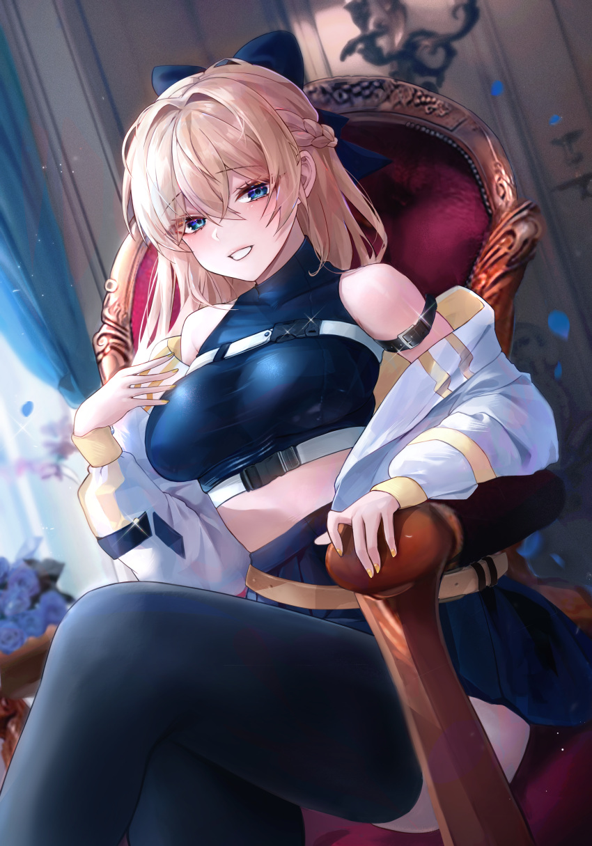 1girl absurdres armchair bangs belt black_thighhighs blonde_hair blue_eyes blue_shirt blue_skirt blush bow braid breasts chair crop_top crossed_legs feet_out_of_frame flower french_braid grin hair_bow highres jacket jacket_pull long_hair long_sleeves looking_at_viewer medium_breasts open_clothes open_jacket open_mouth original parted_lips petals polla shirt sitting skirt smile solo teeth thighhighs thighs white_jacket