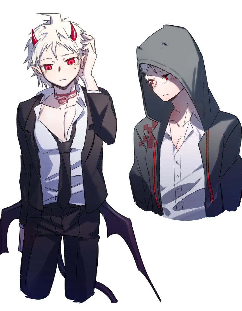 1boy absurdres ahoge bangs black_jacket black_necktie black_pants blush borrowed_garments danganronpa_(series) danganronpa_2:_goodbye_despair demon_boy demon_tail demon_wings dress_shirt formal green_jacket grey_background grey_shirt highres hinata_hajime hood hood_up hooded_jacket horns jacket multiple_views neck_tattoo necktie open_clothes open_jacket pants pointy_ears red_horns shirt short_hair simple_background sweatdrop tail tattoo white_hair wings ziling