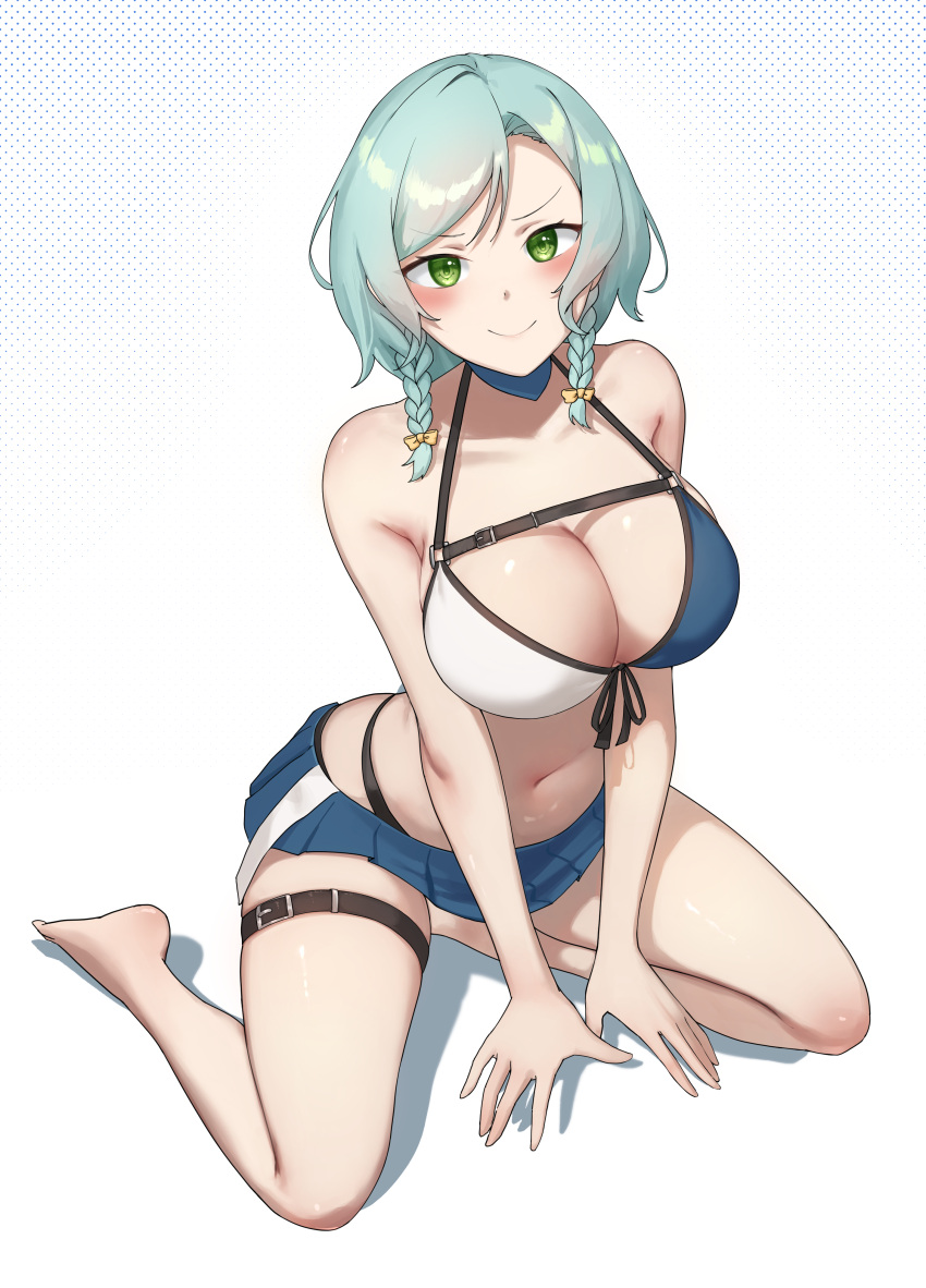 &gt;:) 1girl absurdres aqua_hair bang_dream! bangs bare_arms bare_legs bare_shoulders barefoot belt belt_buckle bikini bikini_skirt black_bikini blue_bikini blush bow braid breasts brown_belt buckle cleavage closed_mouth collarbone commentary commission cosplay front-tie_bikini_top front-tie_top full_body green_eyes hair_bow halftone halftone_background halterneck highleg highleg_bikini highres hikawa_hina hololive kneeling large_breasts looking_at_viewer medium_hair navel shadow shirogane_noel shirogane_noel_(cosplay) side_braids smile solo stomach swept_bangs swimsuit thigh_belt thigh_strap twin_braids two-tone_bikini v-shaped_eyebrows v_arms white_background white_bikini yellow_bow yuzabeecha