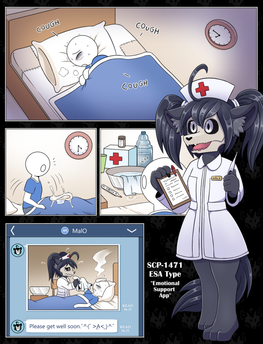 &lt;3 anthro bed bedroom black_body black_fur black_hair bone canid cellphone cheerleader clothing comic english_text female fur furniture hair hat headgear headwear hi_res human ill key male male/female malo mammal nurse_clothing nurse_hat nurse_headwear nurse_uniform phone scp-1471 scp-1471-a scp_foundation shirt skull skull_head smartphone text topwear uniform vavacung white_eyes