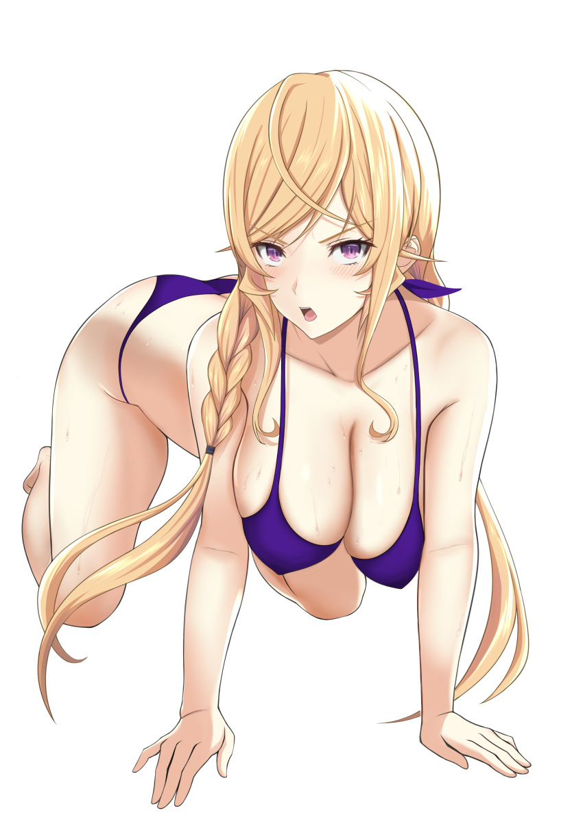 1girl absurdres all_fours bajitohfu bangs bikini blonde_hair blush braid breasts cleavage collarbone hanging_breasts highres large_breasts long_hair looking_at_viewer low_twintails nakiri_erina open_mouth purple_bikini purple_eyes shadow shokugeki_no_souma simple_background solo sweat swept_bangs swimsuit twin_braids twintails v-shaped_eyebrows wet white_background