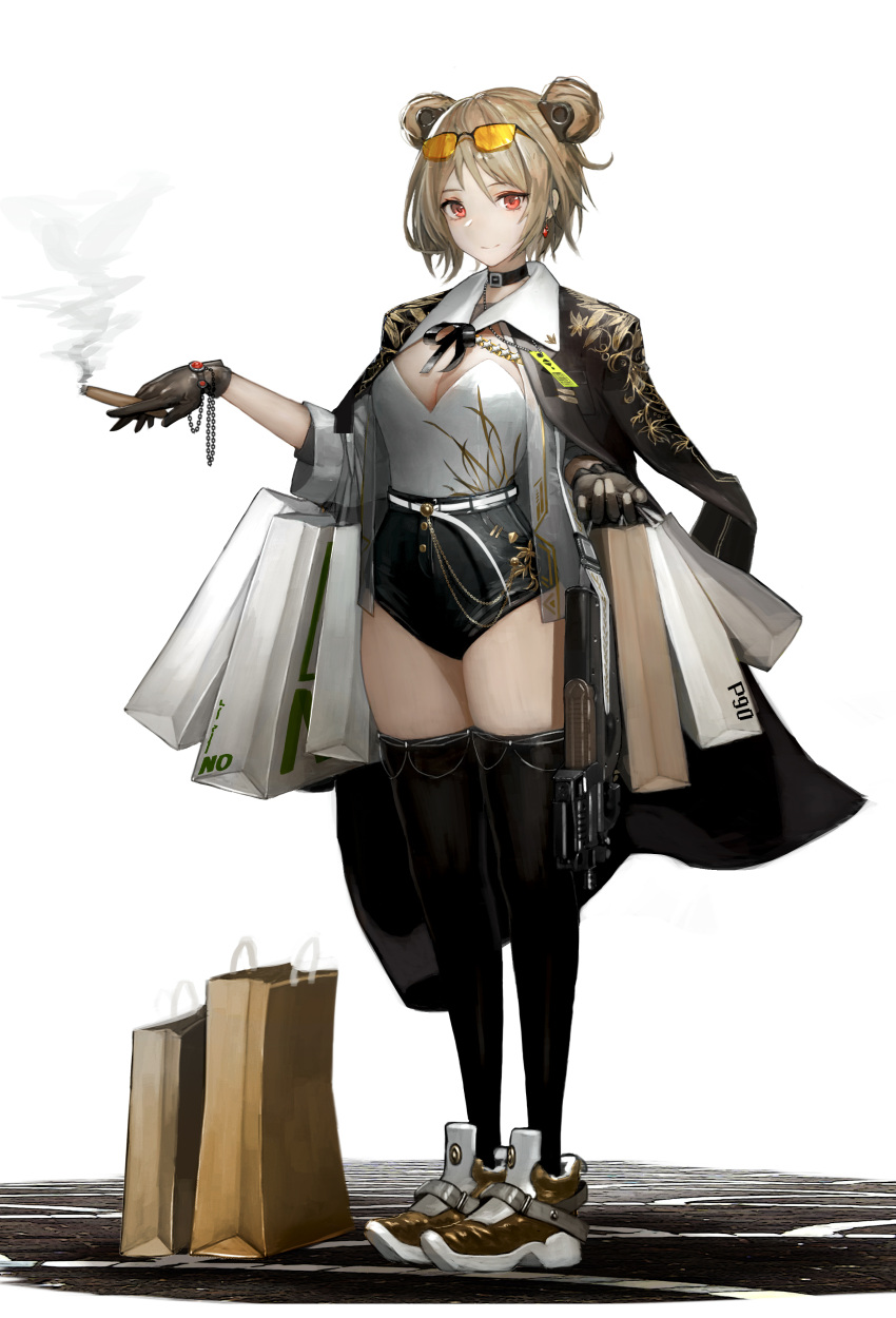 1girl absurdres alternate_costume bag bangs black_choker black_shorts black_thighhighs boots breasts brown_cape brown_footwear brown_gloves bullpup cape choker cigar cleavage closed_mouth commentary double_bun dress earrings eyewear_on_head full_body ganet_p girls'_frontline gloves gun hair_bun hair_ornament hairclip highres holding holding_bag holding_cigar jewelry light_blush light_brown_hair looking_at_viewer medium_breasts medium_hair p90 p90_(girls'_frontline) red_eyes shorts smile smoke solo standing submachine_gun sunglasses thighhighs weapon white_background white_dress