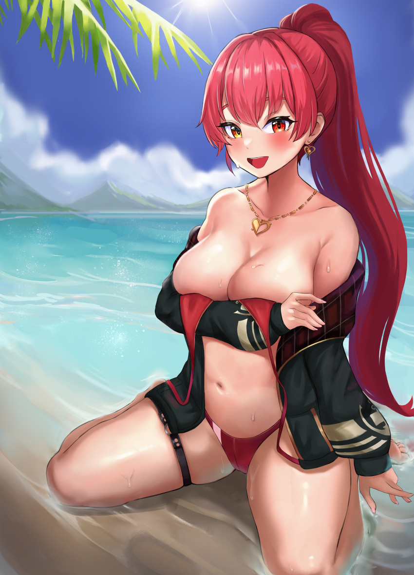 1girl :d absurdres beach bikini blue_sky breasts cloud covering covering_breasts day dnumde heart heart_necklace heterochromia highres hololive houshou_marine jewelry kneeling large_breasts navel necklace open_mouth outdoors ponytail red_eyes red_hair skindentation sky smile solo stomach sunlight swimsuit thigh_strap thighs untied untied_bikini water wet yellow_eyes