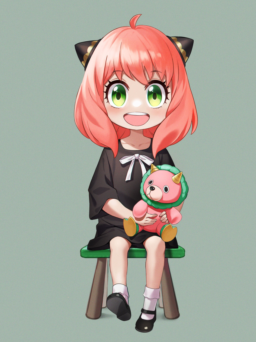 1girl :d ahoge anya_(spy_x_family) bangs black_dress black_footwear chair child commentary_request director_chimera_(spy_x_family) dress female_child green_eyes grey_background grey_socks hairpods highres himmel_(allsky83) holding holding_stuffed_toy medium_hair pink_hair shiny shiny_hair simple_background sitting smile socks solo spy_x_family stuffed_toy teeth upper_teeth