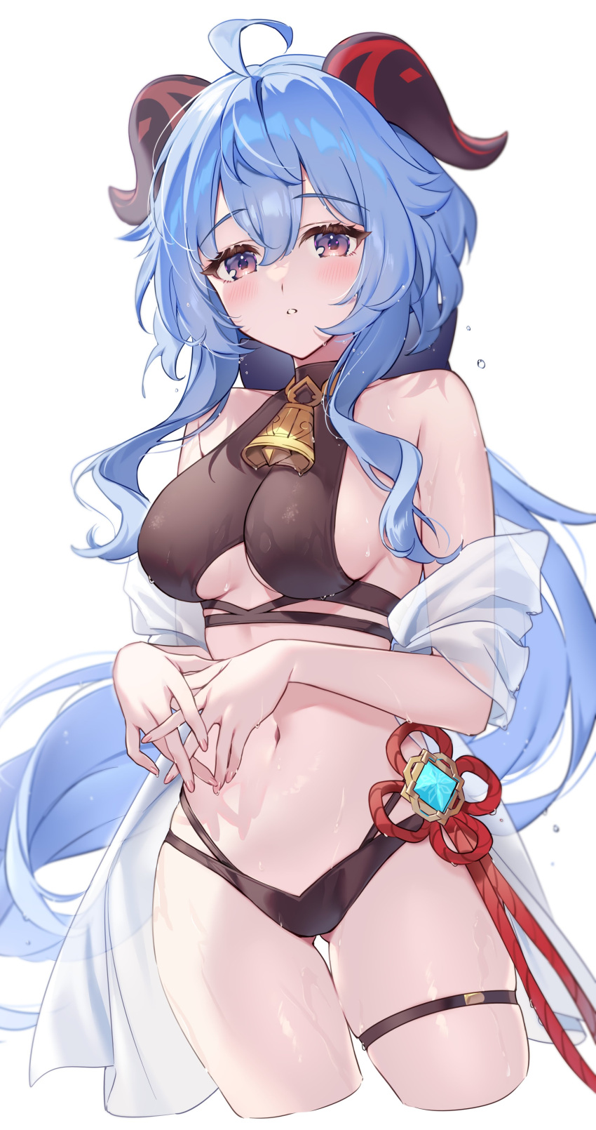 1girl absurdres ahoge ass_visible_through_thighs bangs bare_shoulders bell bikini blue_hair blush breasts clothing_cutout ganyu_(genshin_impact) genshin_impact goat_horns highres horns kuroki_(ma-na-tu) long_hair looking_at_viewer medium_breasts navel neck_bell parted_lips purple_eyes see-through sidelocks solo swimsuit tassel thigh_gap thigh_strap thighs water_drop wet white_background