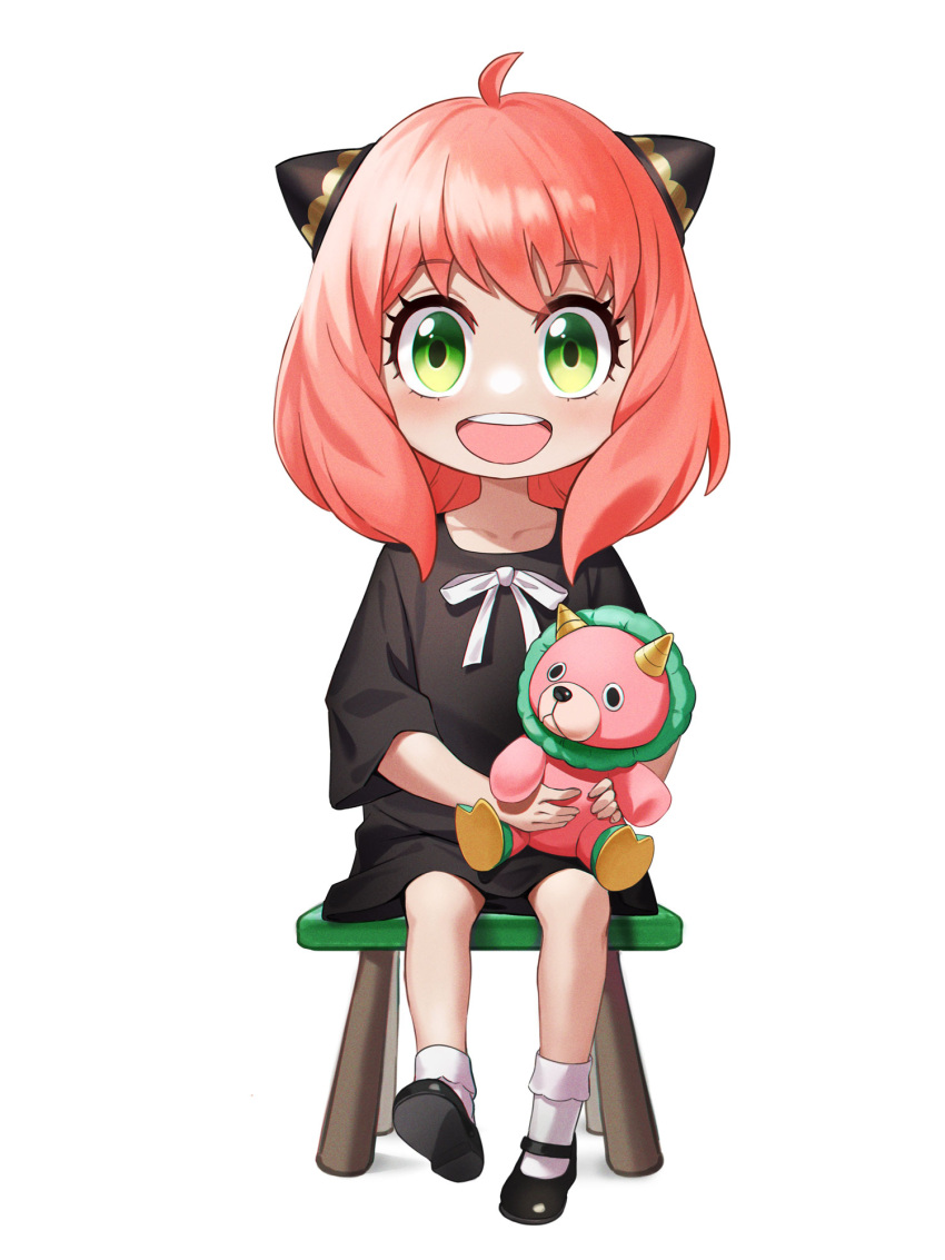 1girl :d ahoge anya_(spy_x_family) bangs black_dress black_footwear chair child director_chimera_(spy_x_family) dress female_child green_eyes grey_background grey_socks hairpods highres himmel_(allsky83) holding holding_stuffed_toy medium_hair pink_hair shiny shiny_hair simple_background sitting smile socks solo spy_x_family stuffed_toy teeth upper_teeth