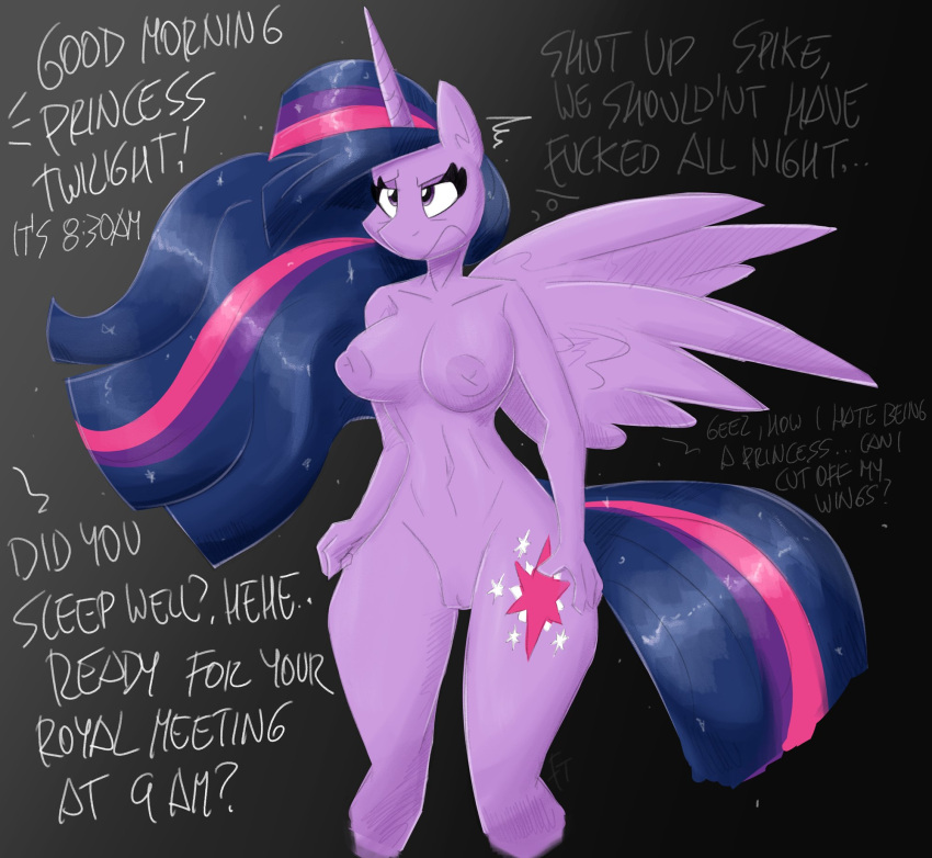 anthro anthrofied breasts cutie_mark equid equine eyelashes feathered_wings feathers female flutterthrash friendship_is_magic genitals hair hasbro hi_res horn long_hair mammal medium_breasts my_little_pony navel nipples nude purple_body purple_eyes purple_feathers purple_hair purple_nipples purple_tail pussy solo thick_thighs tired twilight_sparkle_(mlp) winged_unicorn wings