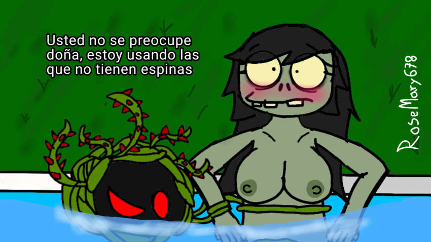 ambiguous_gender big_breasts black_hair blush breasts death dendrophilia duo female green_body green_skin hair humanoid invalid_tag male male/female necrophilia penetration plant spanish_text surprised_expression tangle_kelp_(pvz) taur tentacle_penetration tentacles text undead zombie zombie_(plants_vs_zombies)