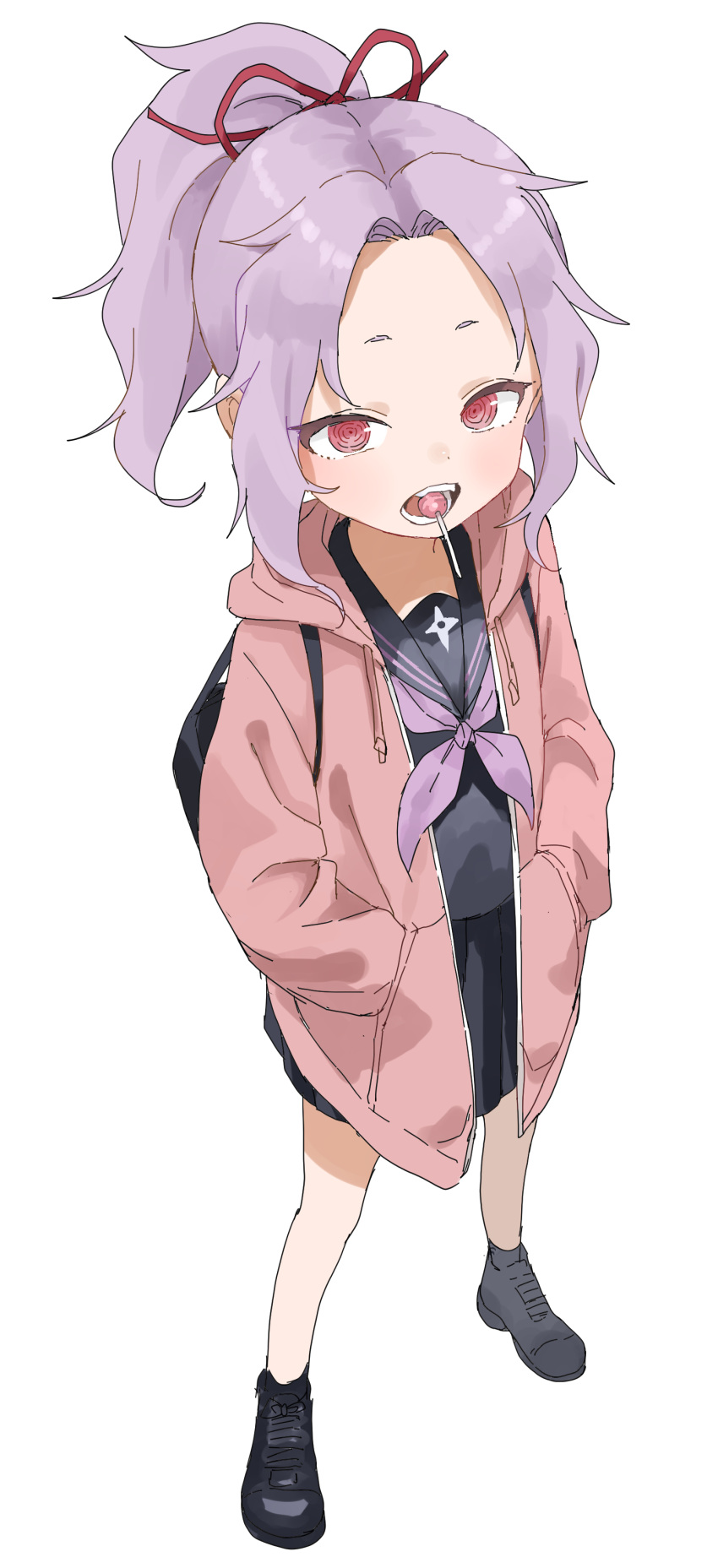 1girl absurdres alternate_costume black_footwear black_serafuku candy food full_body hair_ribbon hands_in_pockets highres jacket kunoichi_tsubaki_no_mune_no_uchi lollipop looking_at_viewer mouth_hold neckerchief pink_jacket ponytail purple_hair purple_neckerchief red_eyes red_ribbon ribbon sazanka_(kunoichi_tsubaki_no_mune_no_uchi) school_uniform serafuku shoes short_hair simple_background solo standing teeth white_background yamamoto_souichirou