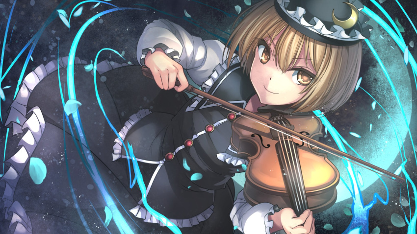 1girl bangs black_hat black_skirt black_vest blonde_hair bow_(instrument) buttons closed_mouth commentary_request cowboy_shot crescent dutch_angle energy eyebrows_visible_through_hair frills hair_between_eyes hat highres holding holding_instrument instrument janne_cherry long_sleeves lunasa_prismriver petals puffy_long_sleeves puffy_sleeves short_hair skirt skirt_set smirk solo touhou vest violin yellow_eyes