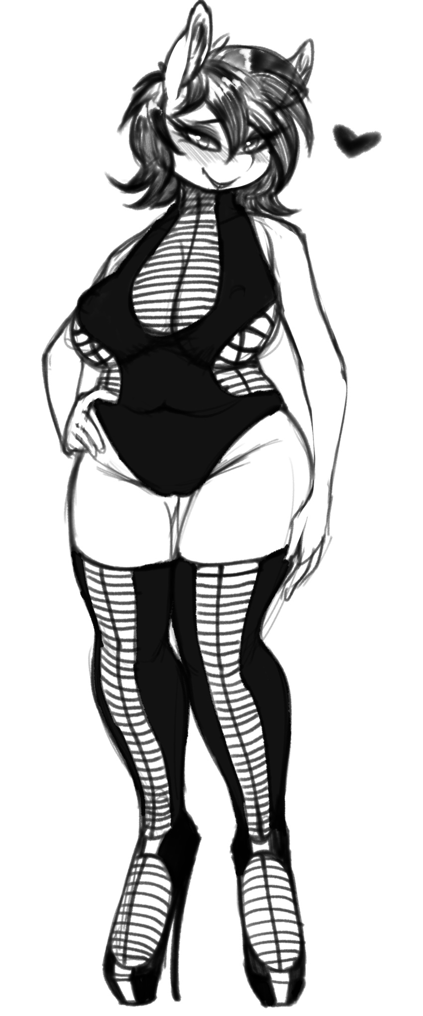 &lt;3 2019 big_breasts blush boots breasts camel_toe cleavage clothed clothing equine fan_character female footwear high_heels horse leotard lipstick makeup mammal monochrome my_little_pony nipple_outline pony replica_(artist) reppy shoes solo thick_thighs