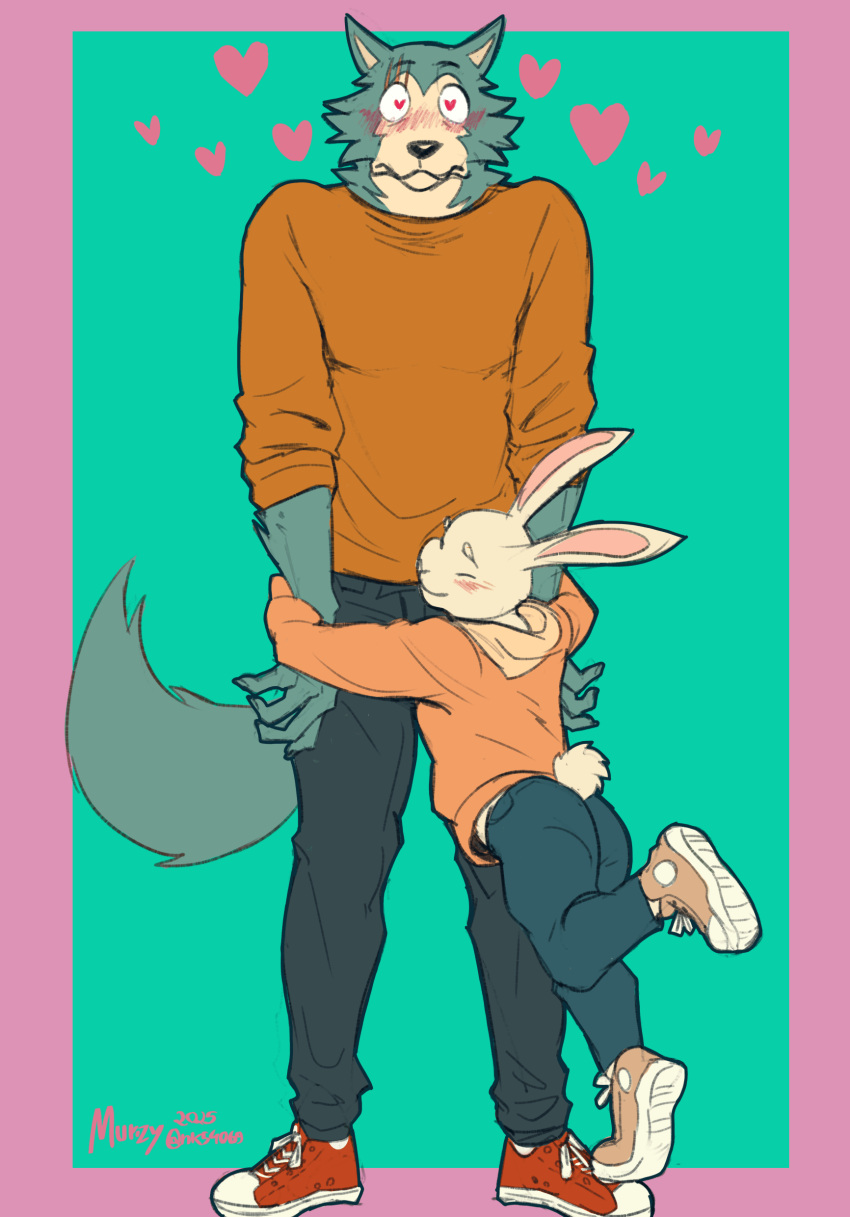 2025 5_fingers absurd_res animated anthro arm_tuft beastars black_nose blush blush_lines bottomwear canid canine canis cheek_tuft claws clothing colored countershading domestic_rabbit duo dwarf_rabbit elbow_tuft eyebrow_scar eyebrows eyes_closed facial_scar facial_tuft fingers fluffy fluffy_tail footwear front_view fur green_body green_fur grey_body grey_fur grey_skin hair haru_(beastars) heart_eyes heart_symbol hi_res hug lagomorph legoshi_(beastars) leporid long_ears male mammal murizy oryctolagus pants rabbit scar shirt shoes short_playtime smile standing tail tail_motion tailwag topwear tuft white_body white_fur white_skin wolf