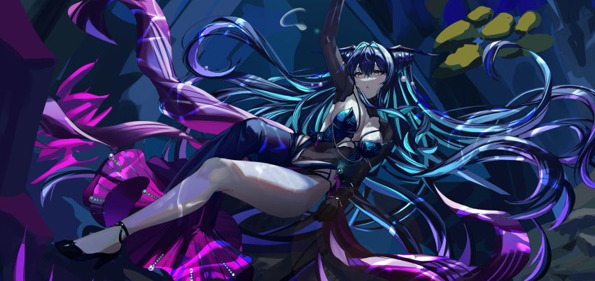 1girl absurdres aqua_hair black_hair blue_hair blush breasts bubble bubble_hair_ornament cleavage colored_inner_hair cone_hair_bun coral covered_navel disgustingtokki dongtan_dress dress elbow_gloves gloves goddess_of_victory:_nikke green_hair hair_bun hair_intakes high_heels highres jewelry large_breasts little_mermaid_(abyss_flower)_(nikke) little_mermaid_(nikke) long_hair multicolored_hair official_alternate_costume panties_visible_through_clothes parted_lips pearl_hair_ornament see-through_cleavage see-through_clothes see-through_dress solo sphere_hair_ornament two-tone_hair underwater very_long_hair water yellow_eyes