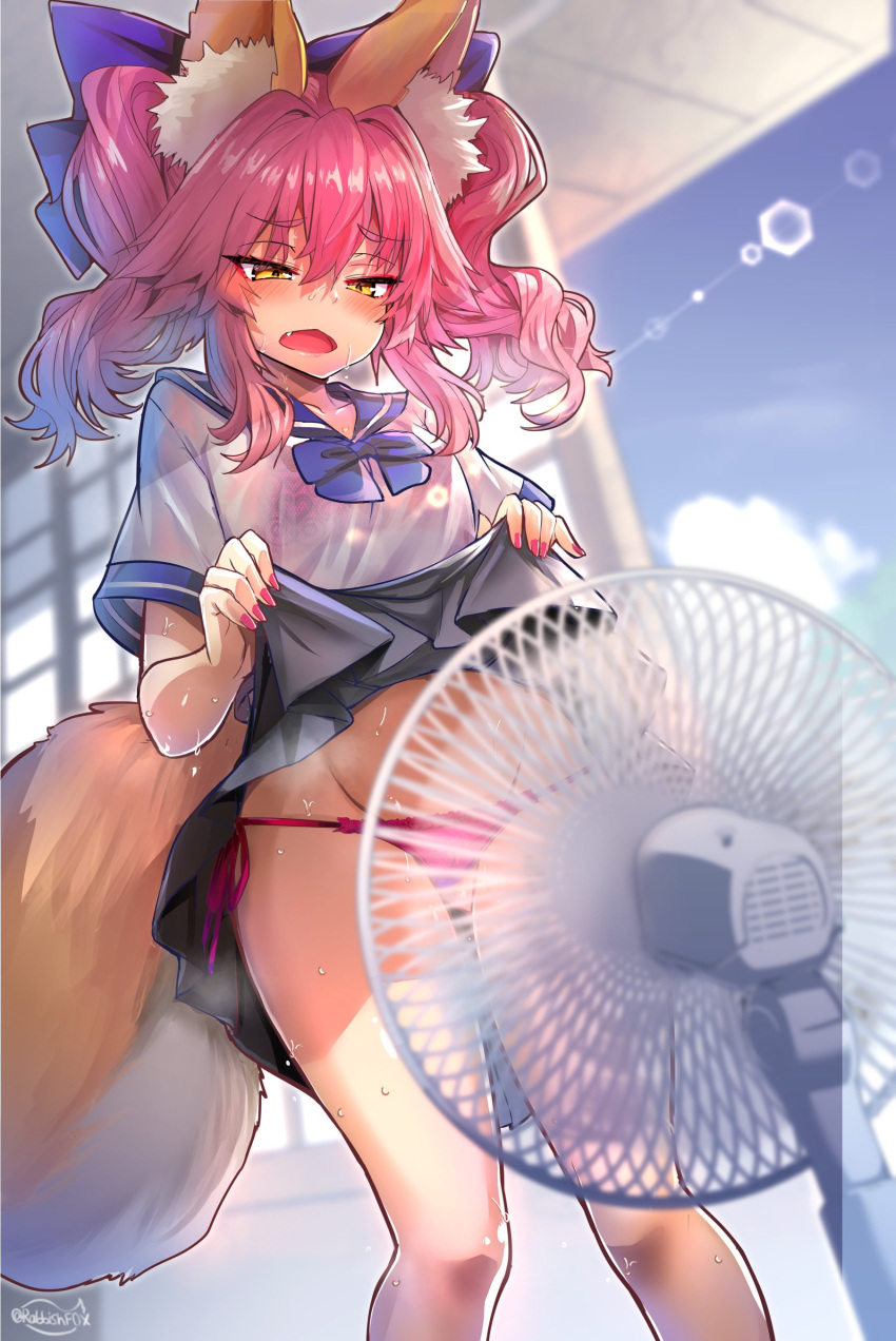 1girl absurdres animal_ear_fluff animal_ears bangs bow breasts electric_fan fate/extra fate_(series) fox_ears fox_girl fox_tail hair_between_eyes hair_bow highres long_hair medium_breasts open_mouth pink_hair sidelocks solo tail tamamo_(fate) tamamo_no_mae_(fate/extra) twintails wisespeak yellow_eyes