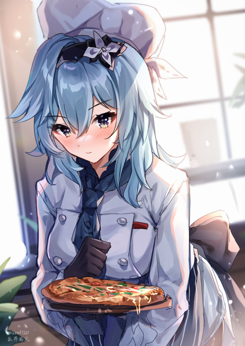 1girl absurdres bangs black_gloves black_hairband blue_hair blush chef_hat commentary_request eula_(genshin_impact) food genshin_impact gloves guzangnanfeng hair_between_eyes hairband hat highres indoors long_sleeves looking_at_viewer medium_hair pizza shirt solo upper_body white_headwear white_shirt