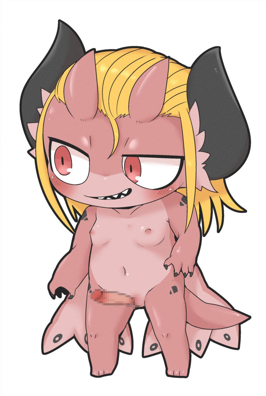 absurd_res anthro blonde_hair blush breasts censored censored_penis countershading doneru dragon erection fangs genitals gidoniko_(doneru) hair herm hi_res horn humanoid_genitalia humanoid_penis intersex looking_aside markings mosaic_censorship multi_arm multi_limb navel nipples nude penis pussy red_body scalie simple_background small_breasts smile solo standing white_background young