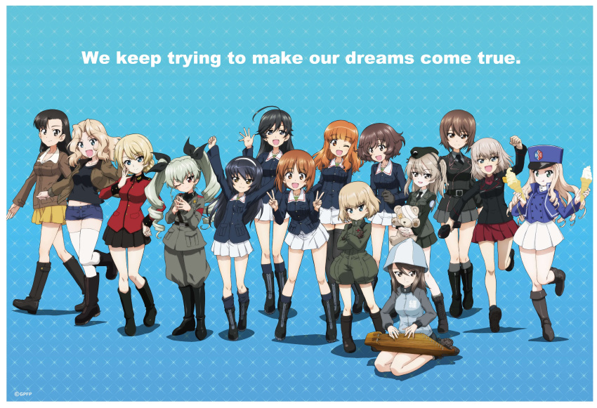 6+girls absurdres ahoge akiyama_yukari anchovy_(girls_und_panzer) anzio_military_uniform asymmetrical_bangs bangs bc_freedom_military_uniform belt beret black_eyes black_footwear black_hair black_headwear black_jacket black_necktie black_ribbon black_skirt blonde_hair blue_background blue_eyes blunt_bangs bob_cut boko_(girls_und_panzer) boots braid brown_eyes brown_hair chi-hatan_military_uniform closed_mouth commentary cross-laced_footwear darjeeling_(girls_und_panzer) dress_shirt drill_hair emblem english_text frown girls_und_panzer green_eyes green_hair green_jumpsuit grey_hair grey_pants hair_ribbon hairband hat highres holding holding_stuffed_toy isuzu_hana itsumi_erika jacket japanese_tankery_league_(emblem) jumpsuit katyusha_(girls_und_panzer) kay_(girls_und_panzer) keizoku_military_uniform knee_boots lace-up_boots leg_up long_hair long_sleeves looking_at_viewer marie_(girls_und_panzer) medium_hair messy_hair mika_(girls_und_panzer) military military_hat military_uniform multiple_girls necktie niedersachsen_military_uniform nishi_kinuyo nishizumi_maho nishizumi_miho official_art one_eye_closed ooarai_military_uniform open_mouth orange_eyes orange_hair pants pravda_military_uniform red_eyes reizei_mako ribbon sam_browne_belt saunders_military_uniform selection_university_(emblem) selection_university_military_uniform shimada_arisu shirt short_hair short_jumpsuit siblings sisters sitting skirt smile st._gloriana's_military_uniform standing standing_on_one_leg straight_hair stuffed_animal stuffed_toy takebe_saori teddy_bear thighhighs twin_braids twin_drills twintails uniform walking wariza watermark white_hairband white_shirt